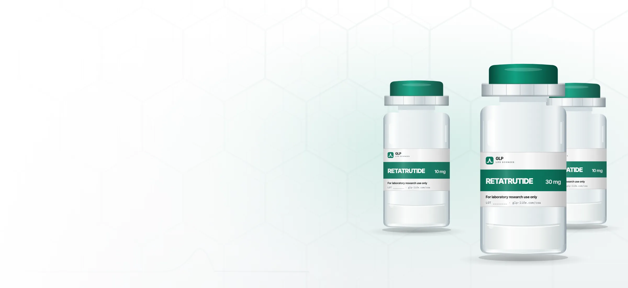 Retatrutide 10 mg, retatrutide 30 mg and tirzepatide 10 mg peptide vials from GLP Life Sciences, lyophilised powder supplied for laboratory research use only