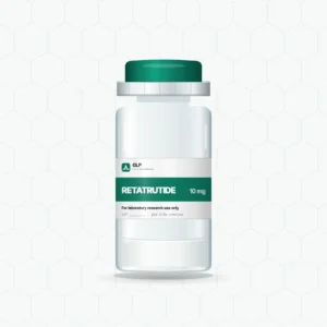 Retatrutide 10 mg lyophilised powder in a sealed glass vial with a GLP Life Sciences label, supplied for laboratory research use only