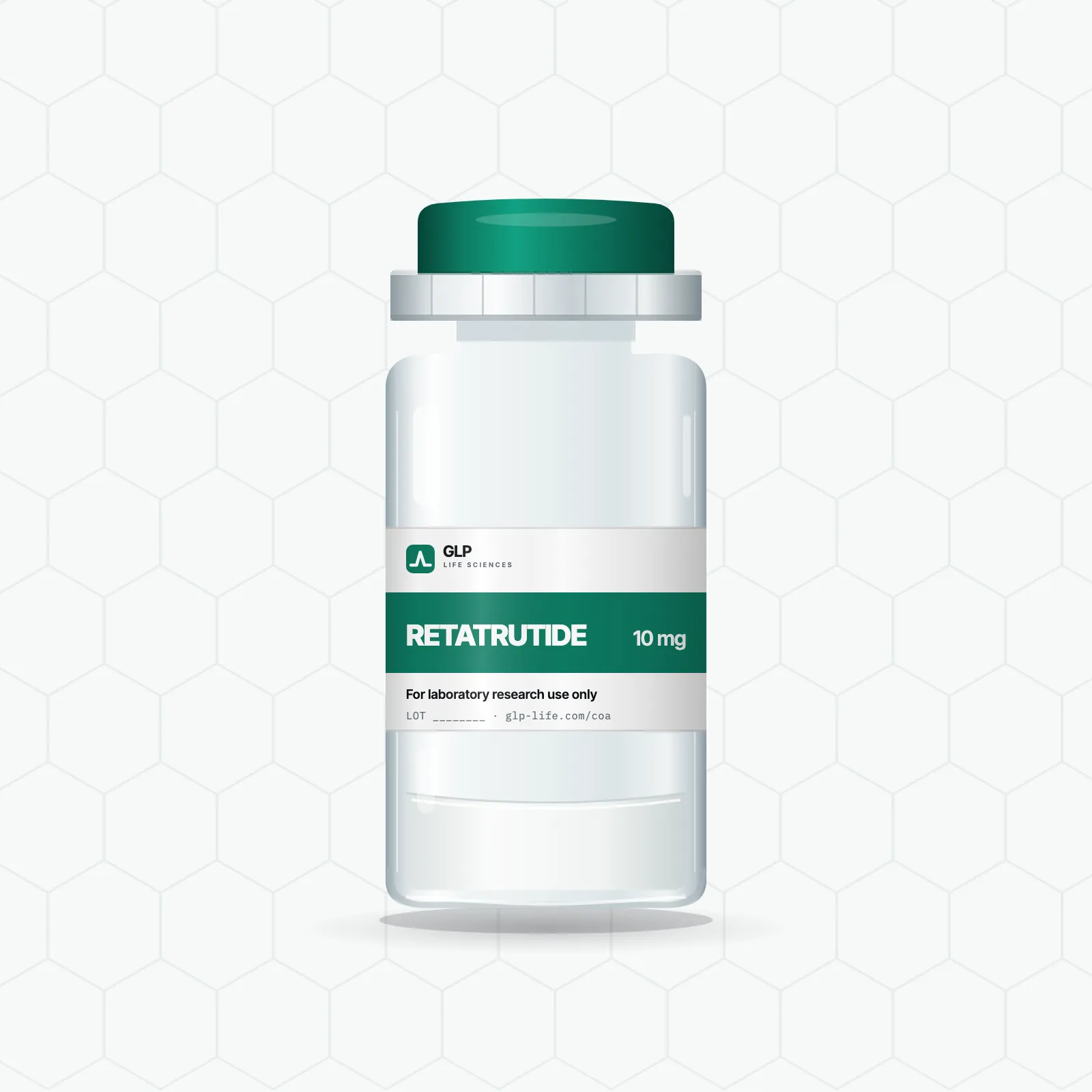 Retatrutide 10 mg lyophilised powder in a sealed glass vial with a GLP Life Sciences label, supplied for laboratory research use only