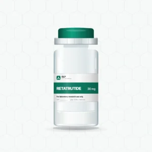 Retatrutide 30 mg lyophilised powder in a sealed glass vial with a GLP Life Sciences label, supplied for laboratory research use only