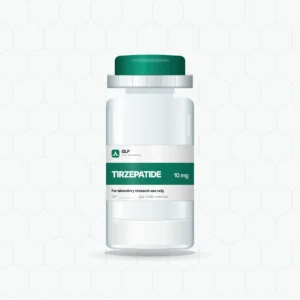 Tirzepatide 10 mg lyophilised powder in a sealed glass vial with a GLP Life Sciences label, supplied for laboratory research use only