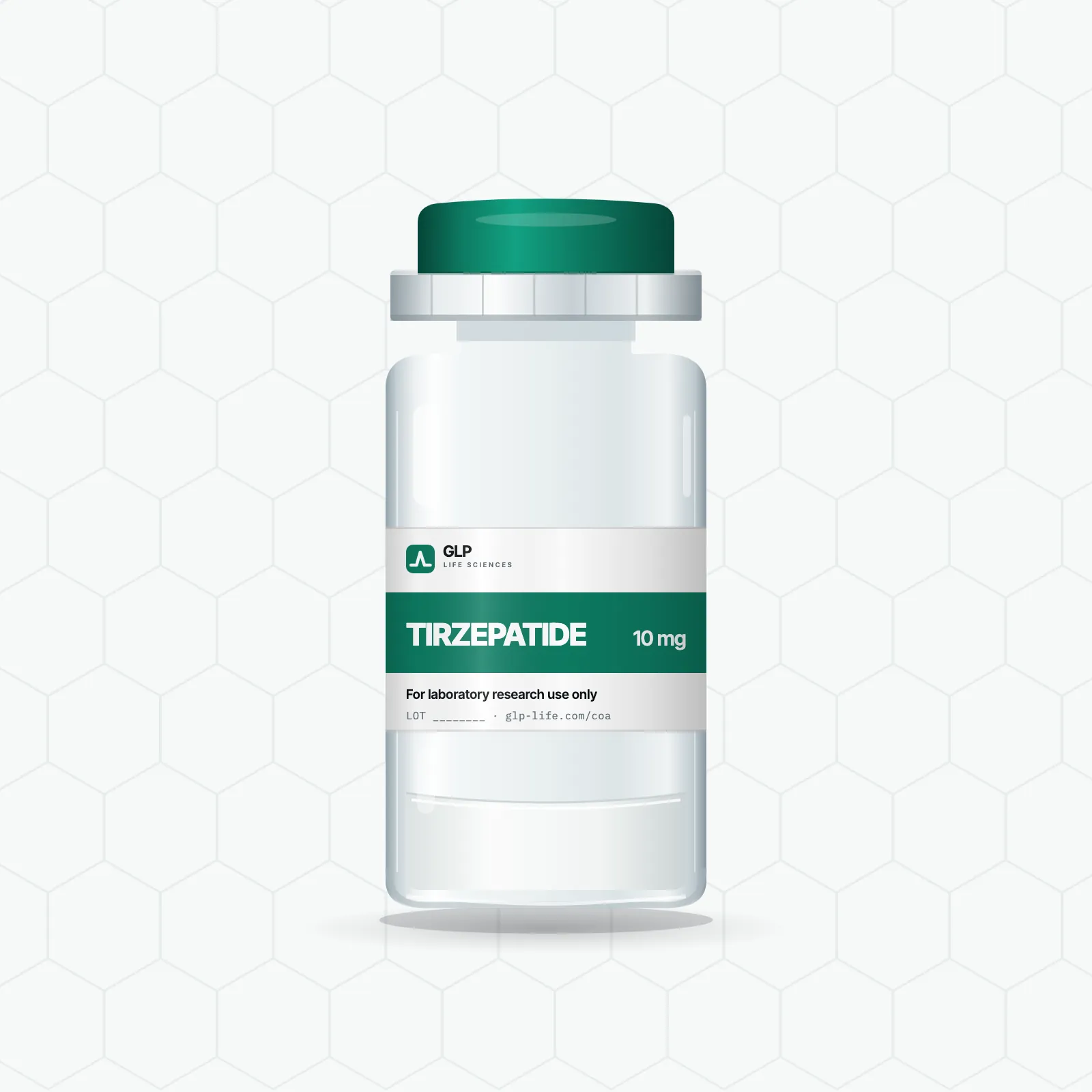 Tirzepatide 10 mg lyophilised powder in a sealed glass vial with a GLP Life Sciences label, supplied for laboratory research use only